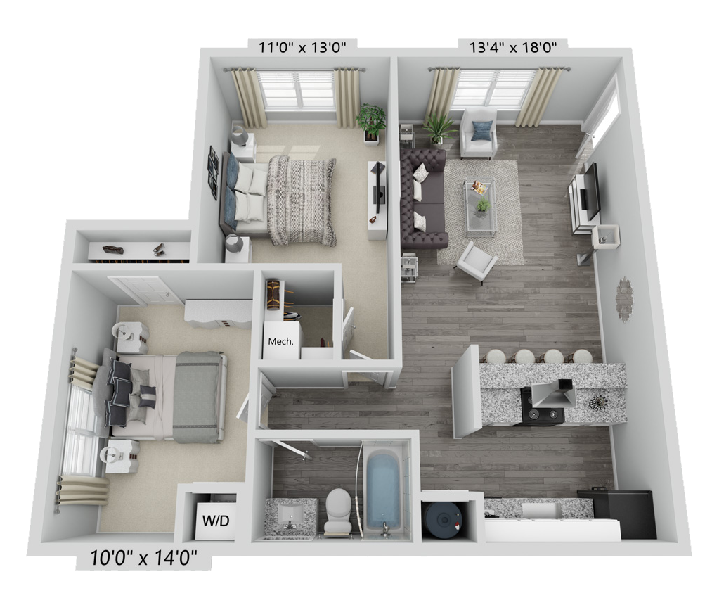 A B1 unit with 2 Bedrooms and 1 Bathrooms with area of 837 sq. ft